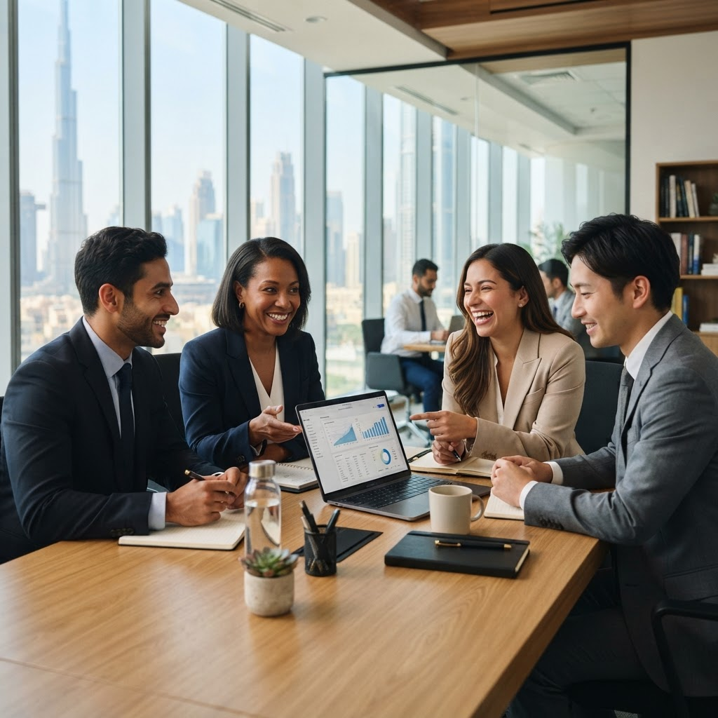 The Thanaz consulting team collaborating in a modern Dubai office