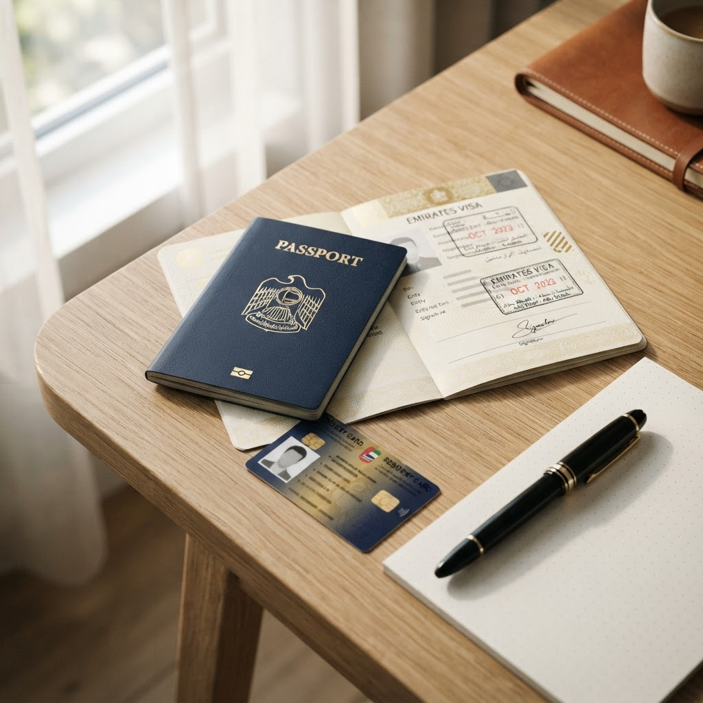 Official UAE government documents, passport and ID card arranged on a desk